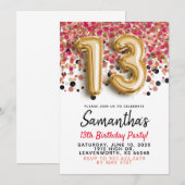 Uitnodiging 13e verjaardag gouden confetti (Voorkant / Achterkant)