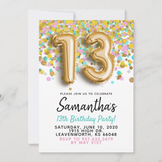 Uitnodiging 13e verjaardag gouden confetti (Voorkant)