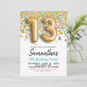 Uitnodiging 13e verjaardag gouden confetti (Staand voorkant)