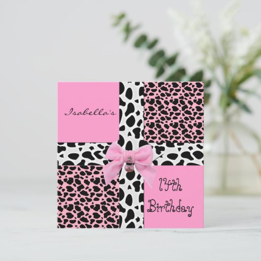 Uitnodiging 14e tiende verjaardag Wilde Roze Koe D (Staand voorkant)