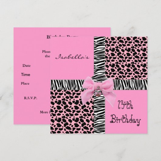 Uitnodiging 14e tiende verjaardag Wilde Roze Koe D (Voorkant / Achterkant)