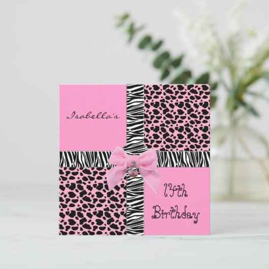 Uitnodiging 14e tiende verjaardag Wilde Roze Koe D (Staand voorkant)