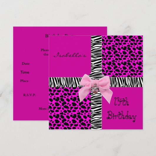 Uitnodiging 14e tiende verjaardag Wilde Roze Koe D (Voorkant / Achterkant)