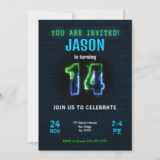 Uitnodiging 14e verjaardag jongen (Voorkant)