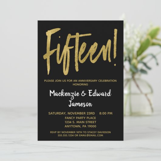 Uitnodiging 15-jarig jubileum Black Gold Script (Staand voorkant)