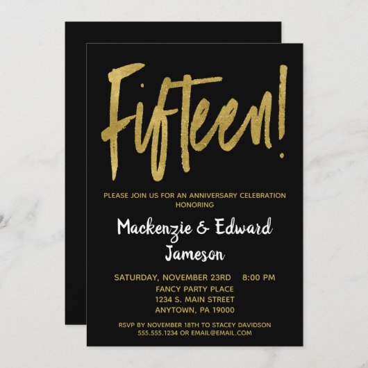 Uitnodiging 15-jarig jubileum Black Gold Script (Voorkant / Achterkant)