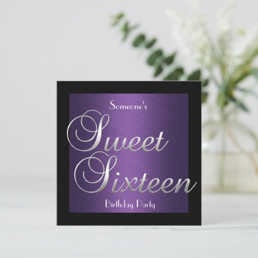 Uitnodiging 16 Birthday Paars Black Silver (Staand voorkant)