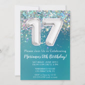 Uitnodiging 17e verjaardag Turquoise Zilver Glitte (Voorkant)