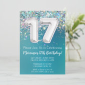 Uitnodiging 17e verjaardag Turquoise Zilver Glitte (Staand voorkant)