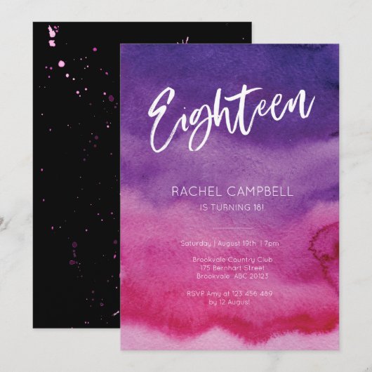 Uitnodiging 18e verjaardag Roze Paars Aquarel (Voorkant / Achterkant)
