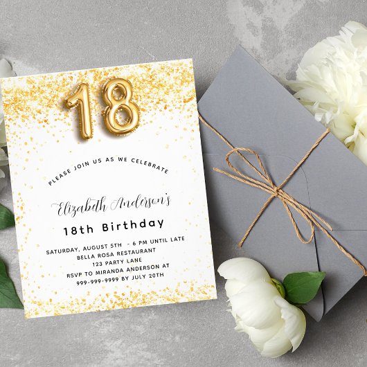 Uitnodiging 18e verjaardag witte goud glitters bud flyer