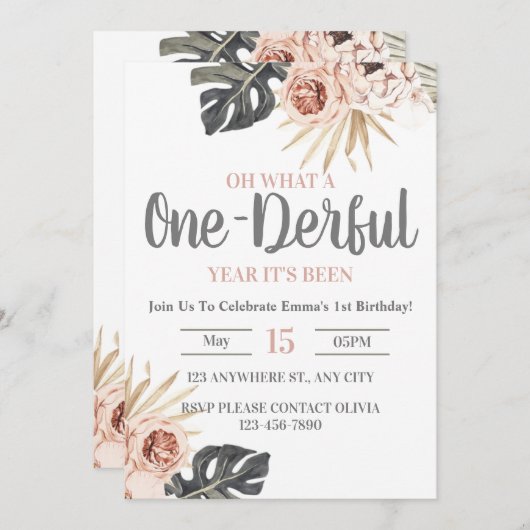 Uitnodiging 1-Derful 1st Birthday (Voorkant / Achterkant)