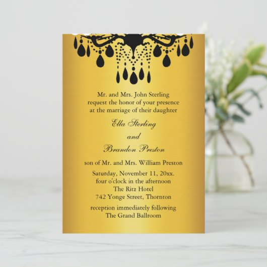 Uitnodiging 1 (goud en zwart) voor grote weddensch (Staand voorkant)