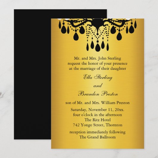 Uitnodiging 1 (goud en zwart) voor grote weddensch (Voorkant / Achterkant)