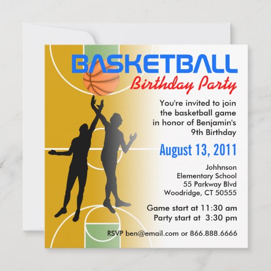 Uitnodiging 1 van de Basketball Birthday Party (Voorkant)