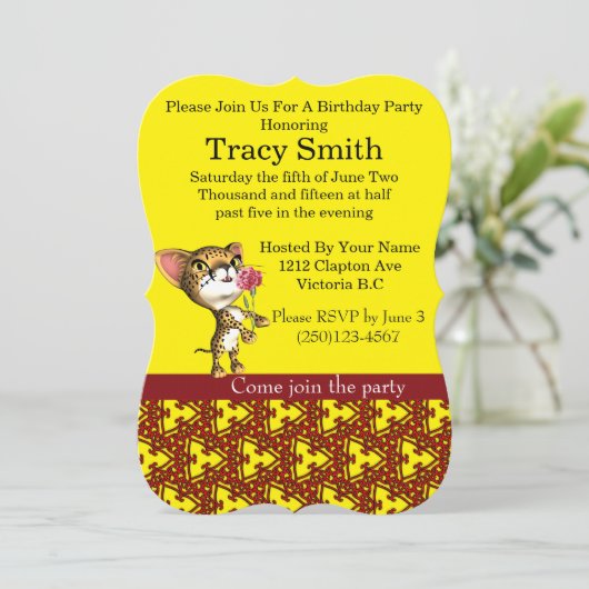 Uitnodiging 1 van de partij Cheetha Birthday (Staand voorkant)