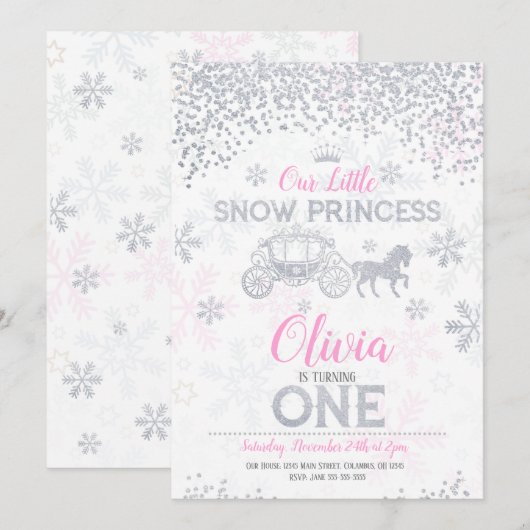 Uitnodiging 1e verjaardag WInter Prinses Glitters (Voorkant / Achterkant)