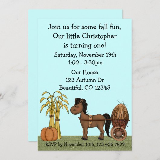 Uitnodiging 1e verjaardagsfeestje in de herfst (Voorkant / Achterkant)