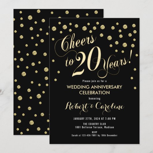 Uitnodiging 20-jarig huwelijksjubileum - Zwart & G (Voorkant / Achterkant)