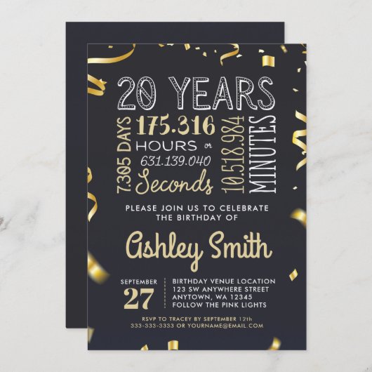 Uitnodiging 20e verjaardag - 20 uur seconden (Voorkant / Achterkant)