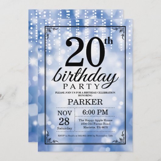 Uitnodiging 20e verjaardag Blauwe Glitters (Voorkant / Achterkant)