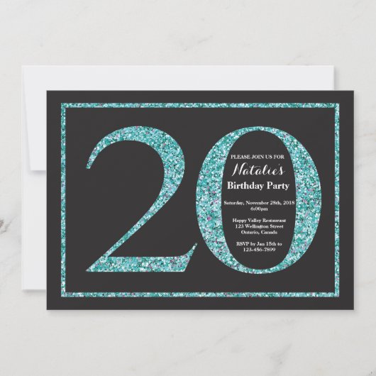 Uitnodiging 20e verjaardag Turquoise glitterschool (Voorkant)