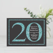 Uitnodiging 20e verjaardag Turquoise glitterschool (Staand voorkant)