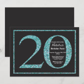 Uitnodiging 20e verjaardag Turquoise glitterschool (Voorkant / Achterkant)