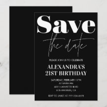Uitnodiging 21e verjaardag Save the date Zwart Wit