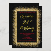 Uitnodiging 21e verjaardag, zwart, confetti, goud (Voorkant / Achterkant)