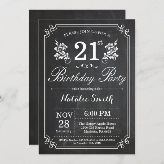 Uitnodiging 21ste verjaardag bloemenkrijtbord (Voorkant / Achterkant)