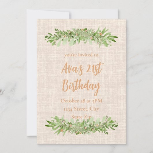 Uitnodiging 21ste verjaardag – Linen Greenery | Tw (Voorkant)