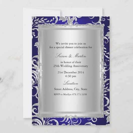 Uitnodiging 25-jarig huwelijksjubileum met blauwe (Achterkant)