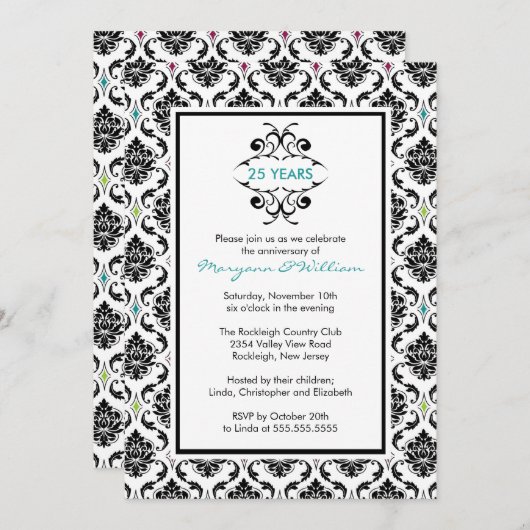 Uitnodiging 25-jarig jubileumfeest Zwart Damast (Voorkant / Achterkant)
