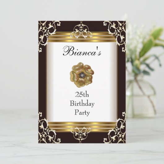 Uitnodiging 25e verjaardag Elegant Black Gold Jewe (Staand voorkant)