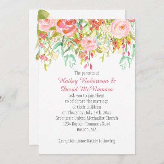 Uitnodiging #2 Roze Rozen Mint Wildflowers Greener (Voorkant / Achterkant)