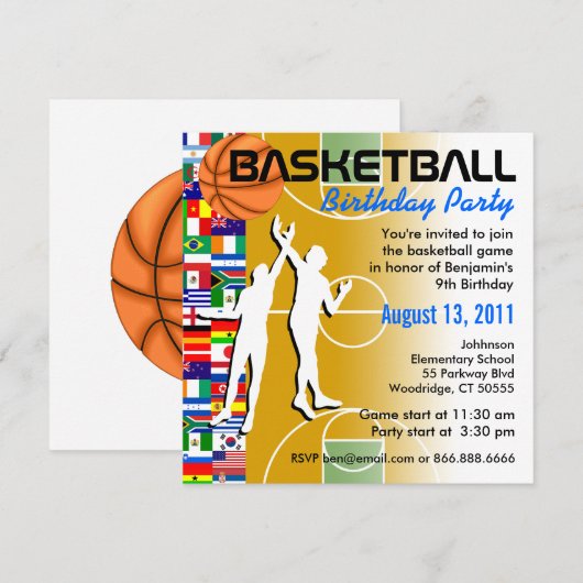 Uitnodiging 2 van de Basketball Birthday Party (Voorkant / Achterkant)