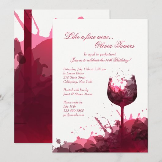 Uitnodiging 2 van de partij Wine Splash Birthday (Voorkant / Achterkant)