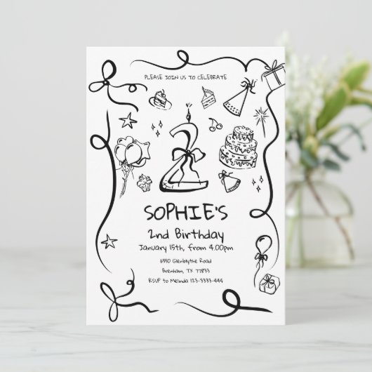 Uitnodiging 2e verjaardag, met de hand getekend 2e (Staand voorkant)