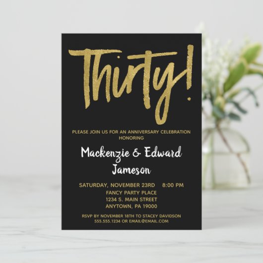Uitnodiging 30 Jaar Jubileum Black Gold Script (Staand voorkant)