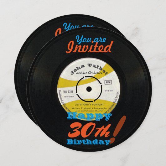 Uitnodiging 30e verjaardag Retro Vinylplaat 45 Toe (Voorkant / Achterkant)