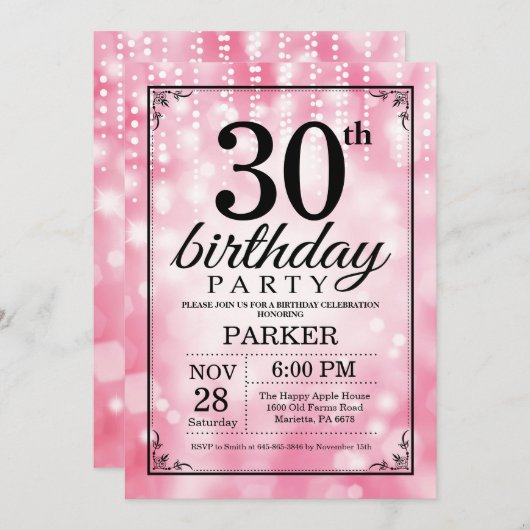 Uitnodiging 30e verjaardag Roze Glitters (Voorkant / Achterkant)