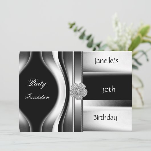 Uitnodiging 30th Birthday Party Silver Black (Staand voorkant)