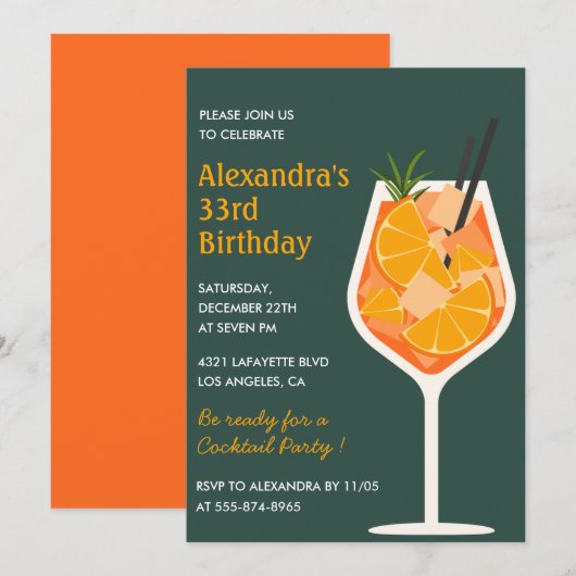 Uitnodiging 33e verjaardag Cocktail Elegant Modern (Voorkant / Achterkant)