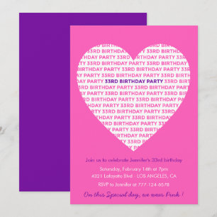 Uitnodiging 33e verjaardag Roze grote hart