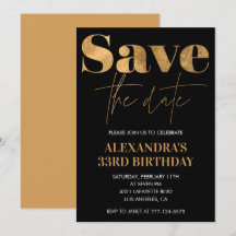 Uitnodiging 33e verjaardag Save the date Zwart Gou