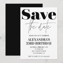 Uitnodiging 33e verjaardag Save the date Zwart Wit