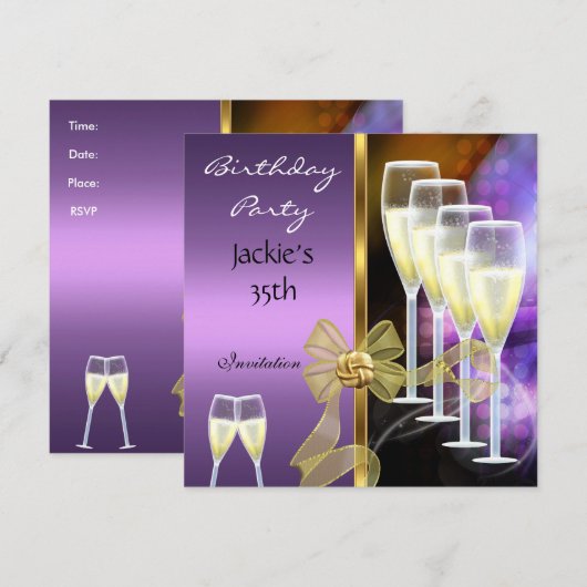 Uitnodiging 35e verjaardag Elegant Paars Gold (Voorkant / Achterkant)