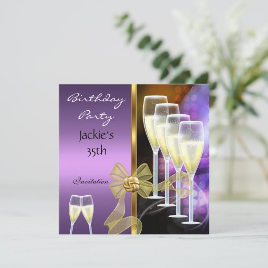Uitnodiging 35e verjaardag Elegant Paars Gold (Staand voorkant)