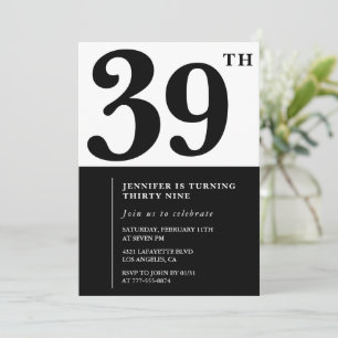 Uitnodiging 39e verjaardag Meisje Elegant Zwart Wi